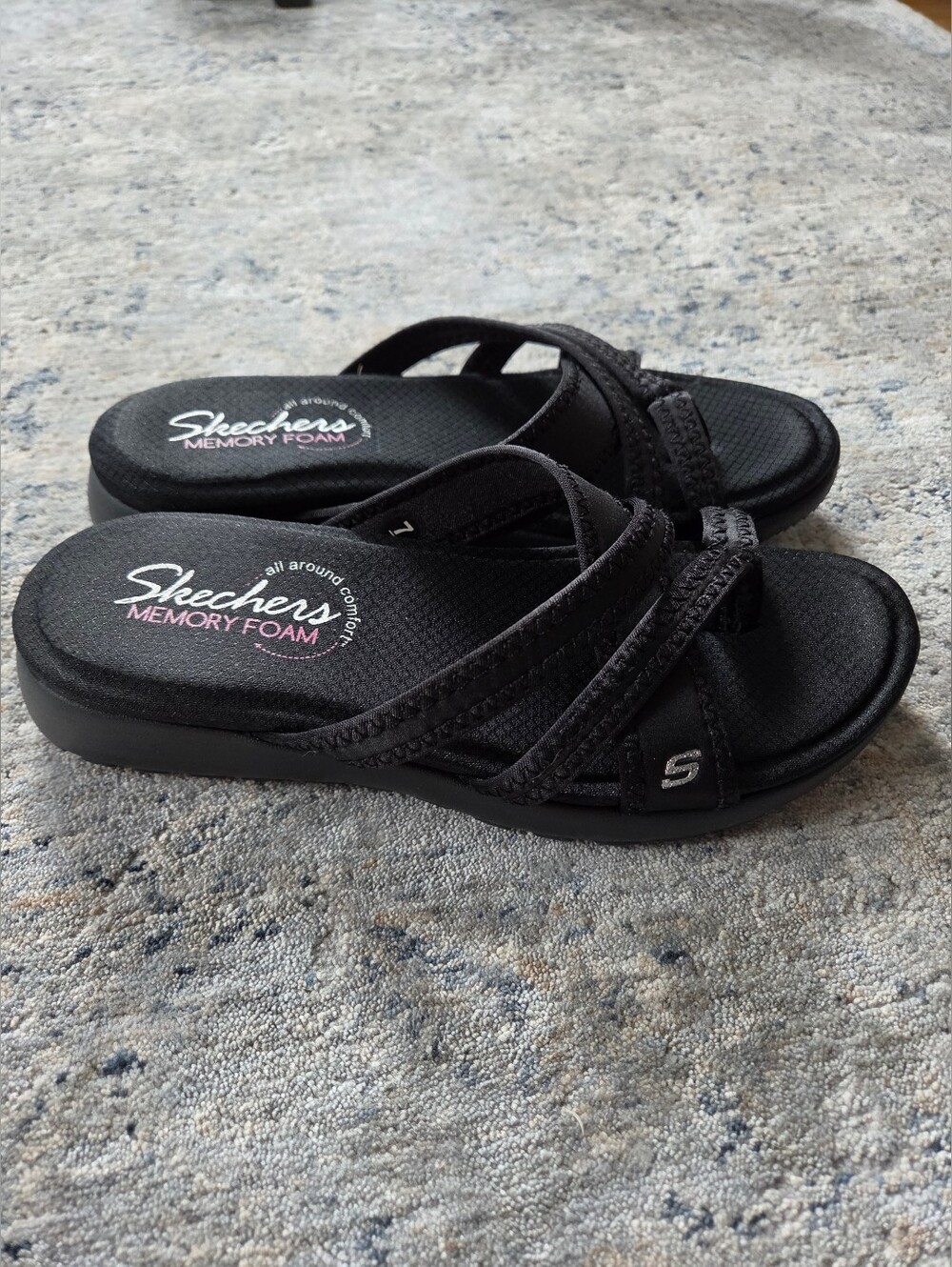 Skechers Women's Black Strappy Memory Foam Slide Sandals